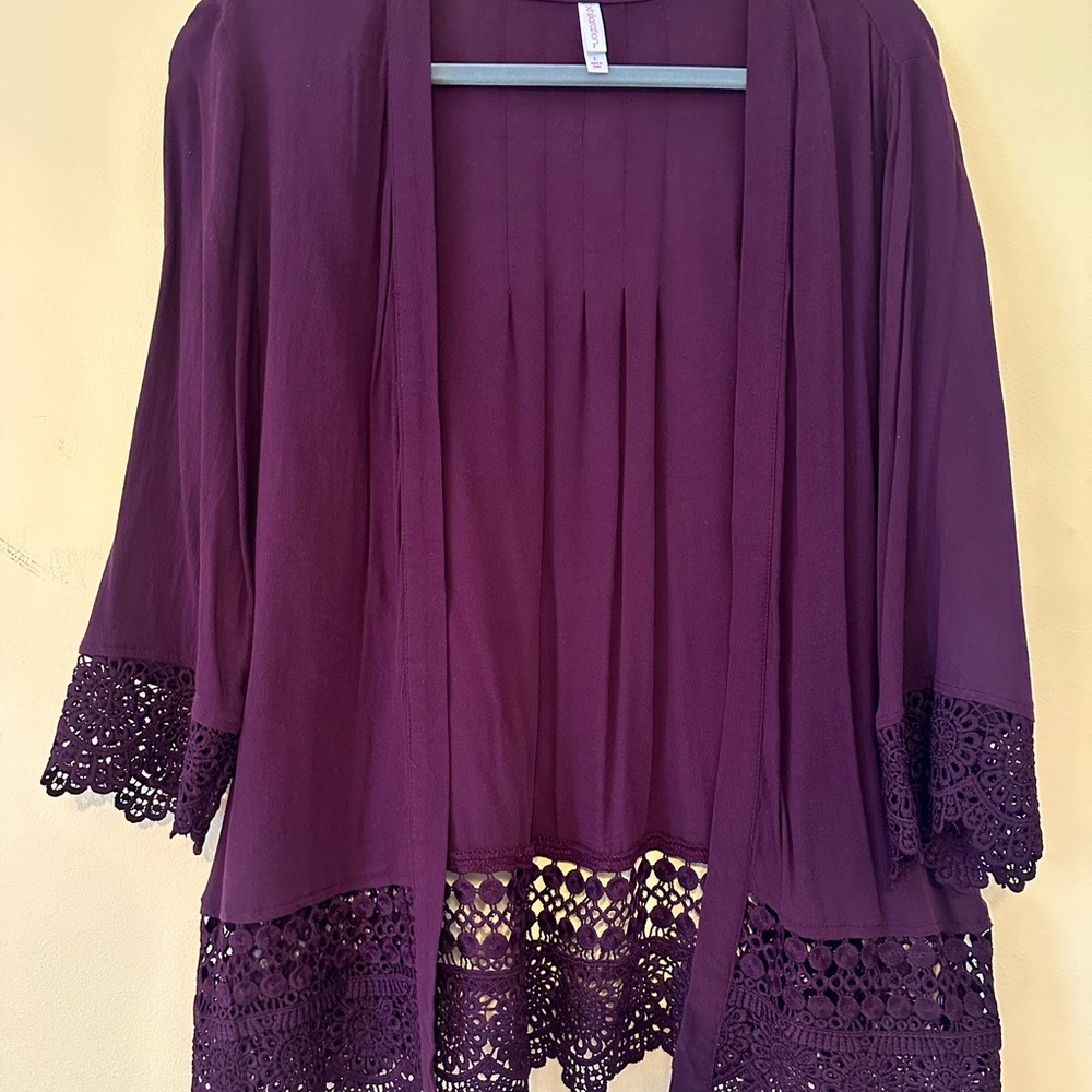 Xhilaration Purple Cardigan with Lace Trim and 3/4 Sleeves